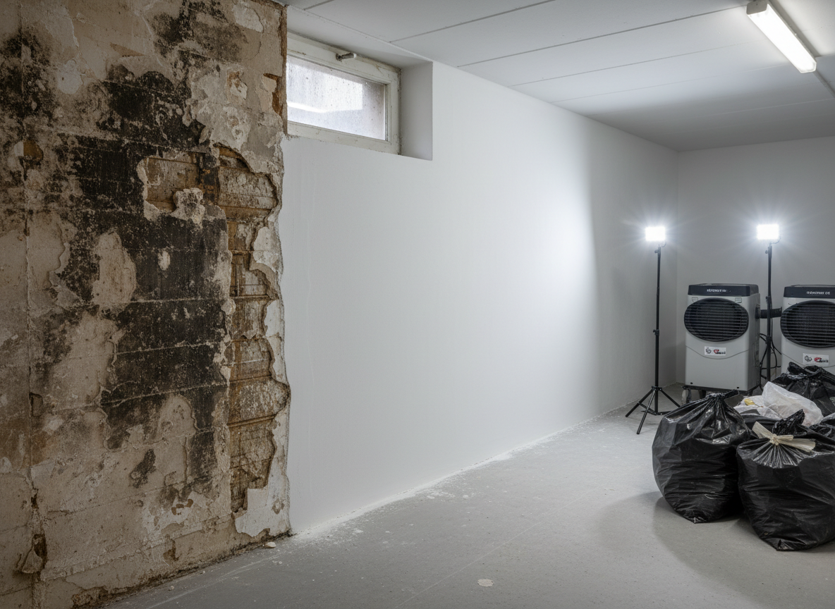 A professional mold remediation and wall repair scene in a residential German basement, depicted in photographic realism. One section of the wall clearly shows an old, dark, damaged area, while the majority of the space displays newly treated, bright white plaster with crisp edges and smooth texture. Dehumidifiers and sealed waste bags stand neatly in the background. Overcast daylight from a small basement window mixes with cool, neutral work lighting to reveal wall texture and cleanliness. Shot at eye level with balanced composition, the atmosphere is hygienic and reassuring, emphasizing before-and-after contrast without showing any people or added text.