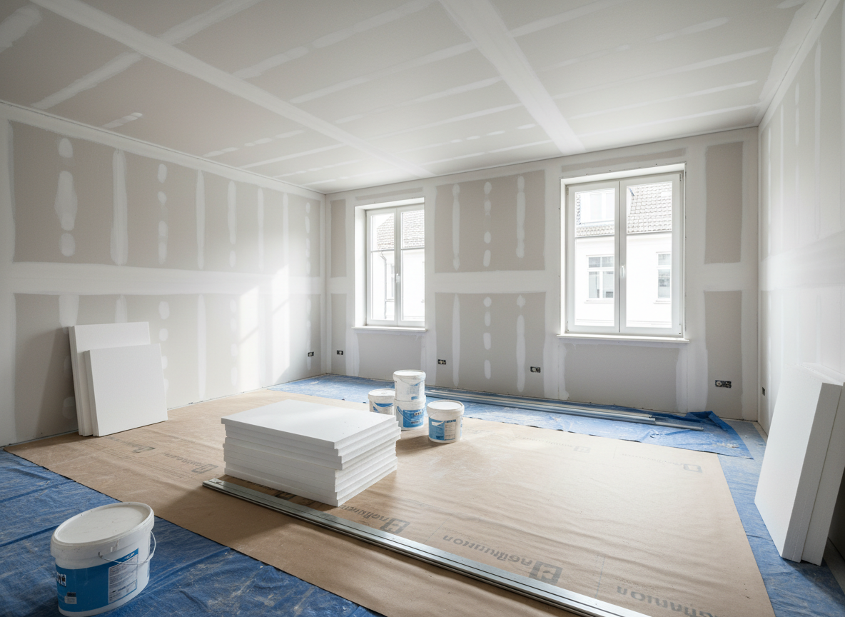 An indoor renovation scene in photographic realism showing a bright, partially finished living room in a German apartment. New smooth drywall panels are perfectly mounted on metal studs, with clean joints ready for filling. The floor is protected with neatly laid covering, surrounded by organized stacks of materials like insulation boards and buckets of plaster. Large windows let in diffused daylight, illuminating the fresh surfaces and casting gentle, realistic shadows. Captured from a slightly elevated angle with a wide lens to show the whole room, the mood is orderly and professional, highlighting careful general construction and interior finishing without any workers present.